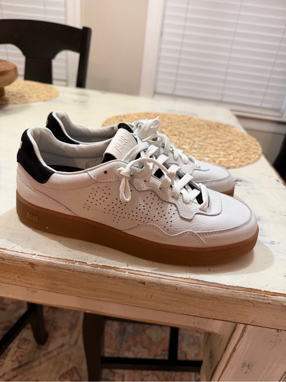 P448 White Leather Sneakers with Gum Sole and Black Heel Tab